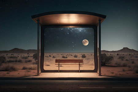a bus stop with a view of the moon and stars, surrounded by darkness, created with generative aiの素材