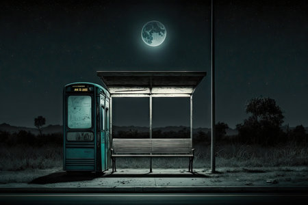 bus stop with a lone bench and trash can surrounded by darkness, with only the moon and stars providing light, created with generative aiの素材
