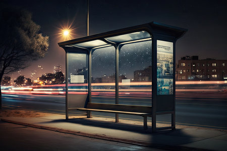 empty bus stop with view of the city at night, with bright lights and reflections in the windows, created with generative aiの素材