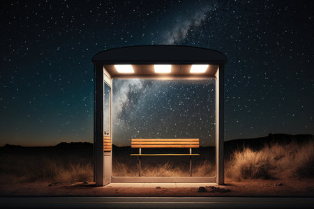 bus stop with overhead light, surrounded by darkness, and a view of the stars in the night sky, created with generative aiの素材