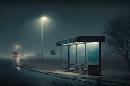 dark and desolate bus stop, with only a few streetlights illuminating the area, created with generative aiの素材