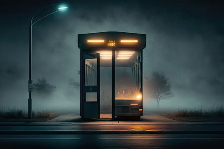 a bus stop with a flickering street light, surrounded by darkness, created with generative aiの素材