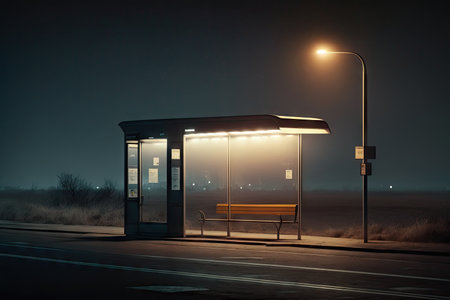 an empty bus stop, with the lights on and the doors open, at night, created with generative aiの素材