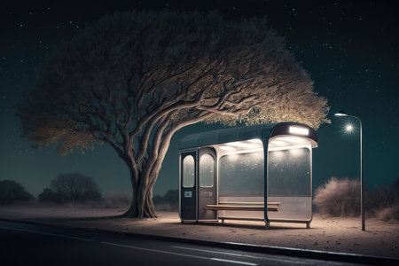 empty bus stop at night with moonlight shining through the trees and illuminating the scene, created with generative aiの素材