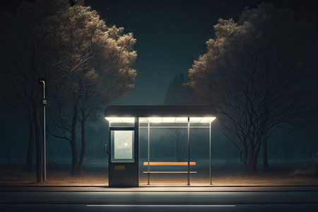 empty bus stop at night with moonlight shining through the trees and illuminating the scene, created with generative aiの素材