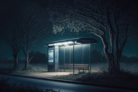 empty bus stop at night with moonlight shining through the trees and illuminating the scene, created with generative aiの素材