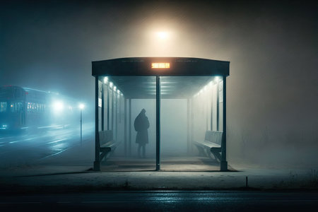 a bus stop, covered in the mist of a foggy night, with only the lanterns illuminating its space, created with generative aiの素材