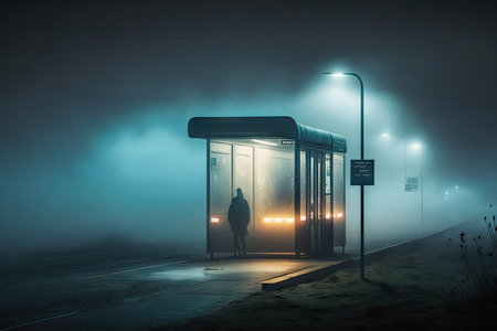 a bus stop, covered in the mist of a foggy night, with only the lanterns illuminating its space, created with generative aiの素材