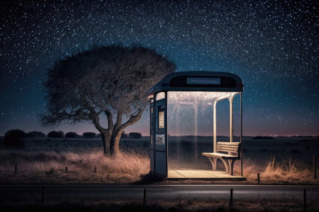 a bus stop with a view of the stars, at night, in the countryside, created with generative aiの素材