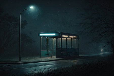 bus stop with flickering lantern, surrounded by darkness, created with generative aiの素材