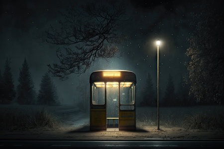 bus stop with flickering lantern, surrounded by darkness, created with generative aiの素材