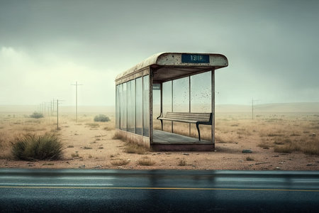 a silent bus stop, with no sign of life or movement in the surrounding area, created with generative aiの素材