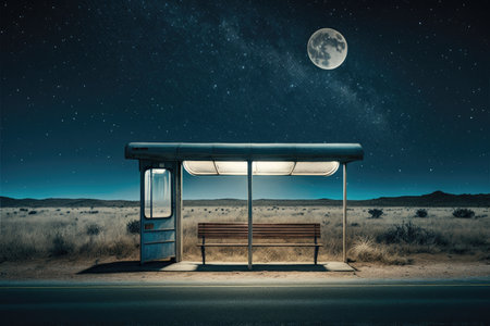 empty bus stop, with view of the moon and stars, at night, created with generative aiの素材