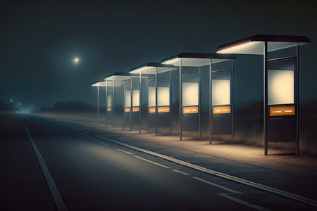 a row of empty bus stops, with their stop lights shining bright in the night, created with generative aiの素材