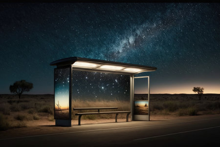 bus stop bench, with view of the night sky, and stars shining above, created with generative aiの素材