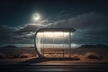 a deserted bus stop, with only the moonlight shining through the clouds, created with generative aiの素材