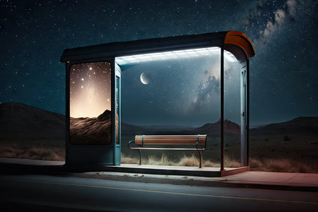 a bus stop with a view of the night sky, with stars shining and moon shining, created with generative aiの素材