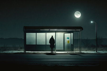 a lone figure waiting at a bus stop, with only the moonlight illuminating their figure, created with generative aiの素材