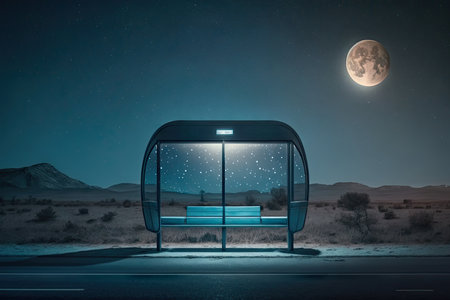 a deserted bus stop, with only the moonlight illuminating the night sky, created with generative aiの素材
