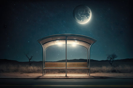 scenic view of the moon and stars shining above empty bus stop at night, created with generative aiの素材