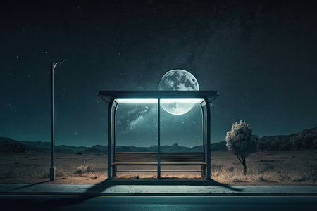 empty bus stop at night, with view of the stars in the sky and moon shining brightly, created with generative aiの素材