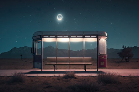 empty bus stop at night, with view of the moon and stars shining down, created with generative aiの素材