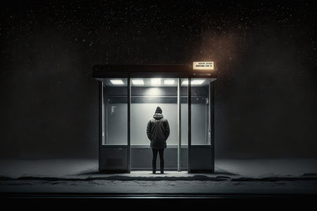 a lone figure waits at a bus stop, surrounded by darkness and silence, created with generative aiの素材