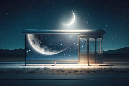 empty bus stop with the moon and stars shining in the night sky, created with generative aiの素材
