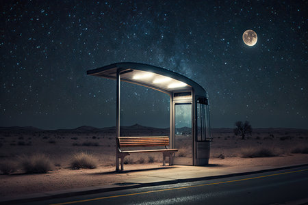empty bus stop with the moon and stars shining in the night sky, created with generative aiの素材