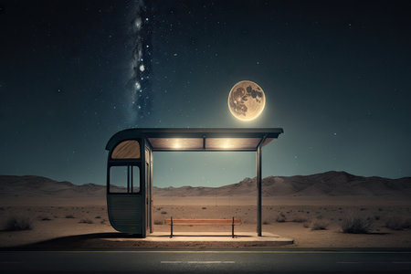 empty bus stop with the moon and stars shining in the night sky, created with generative aiの素材