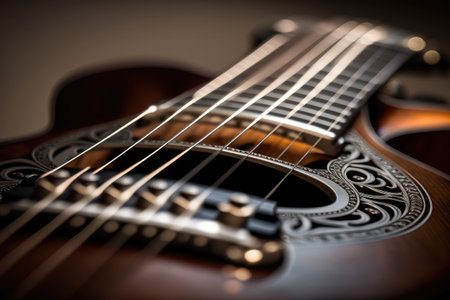 close-up of steel-string guitar, with strings and fretboard in sharp focus, created with generative aiの素材