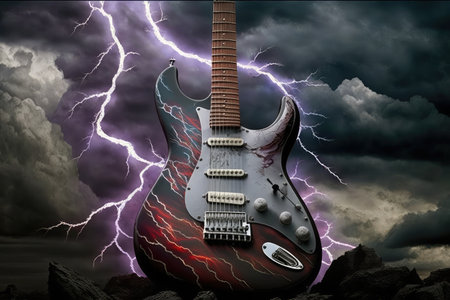 electric guitar, with lightning strike and storm clouds in the background, created with generative aiの素材