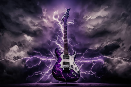 electric guitar, with lightning strike and storm clouds in the background, created with generative aiの素材