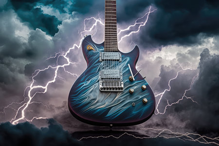 electric guitar, with lightning strike and storm clouds in the background, created with generative aiの素材