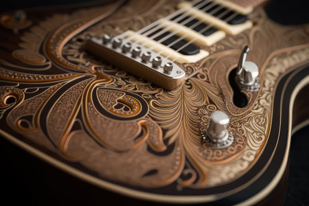 close-up of the intricate details and designs on a vintage electric guitar, created with generative aiの素材