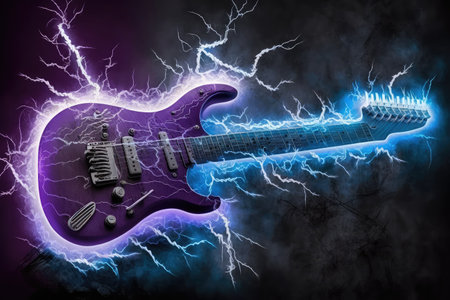 electric guitar, with music notes and lightning bolts in the background, created with generative aiの素材