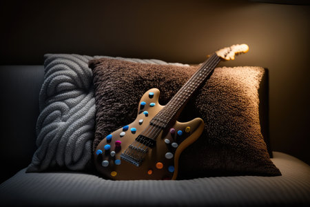 electric guitar, lying on a pillow, surrounded by soft lighting, created with generative aiの素材