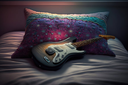 electric guitar, lying on a pillow, surrounded by soft lighting, created with generative aiの素材