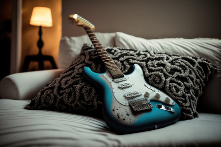 electric guitar, lying on a pillow, surrounded by soft lighting, created with generative aiの素材