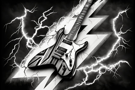 electric guitar with lightning bolt design, in black and white, created with generative aiの素材