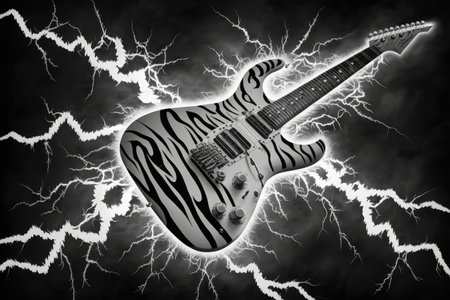 electric guitar with lightning bolt design, in black and white, created with generative aiの素材