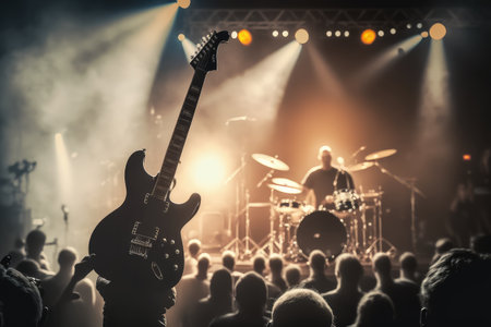electric guitar being played in a live concert setting, with the audience visible in the background, created with generative aiの素材