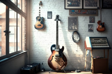 electric guitar hanging on the wall, with other musical instruments and equipment visible in the background, created with generative aiの素材