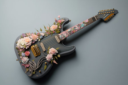 electric guitar, draped with floral garland, on grey background, created with generative aiの素材