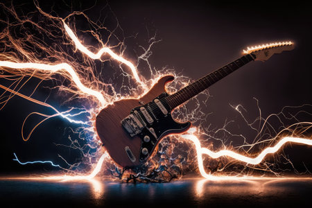 high-speed shot of electric guitar being played with lightning-fast fretwork, created with generative aiの素材