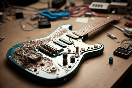 electric guitar being made, with intricate electronics and metalwork visible, created with generative aiの素材