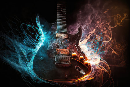 electric guitar, with the strings and pickups visible, being played by skilled musician, created with generative aiの素材