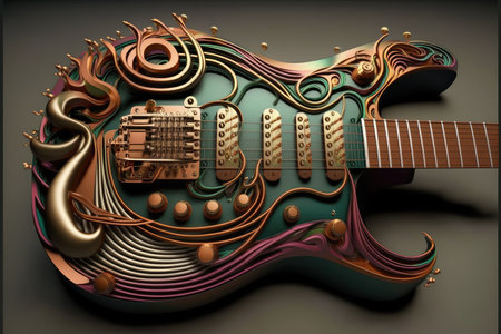 electric guitar, with its strings vibrating and creating unique sound, created with generative aiの素材