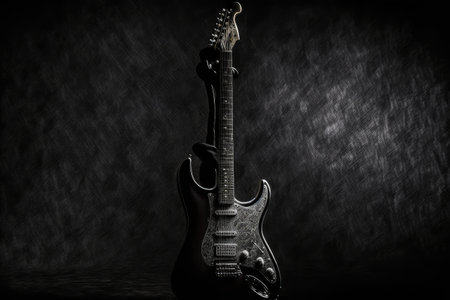 electric guitar sitting on black background, ready to play, created with generative aiの素材