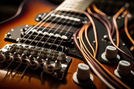 close-up of electric guitar strings, with the hum and buzz of the amp in the background, created with generative aiの素材
